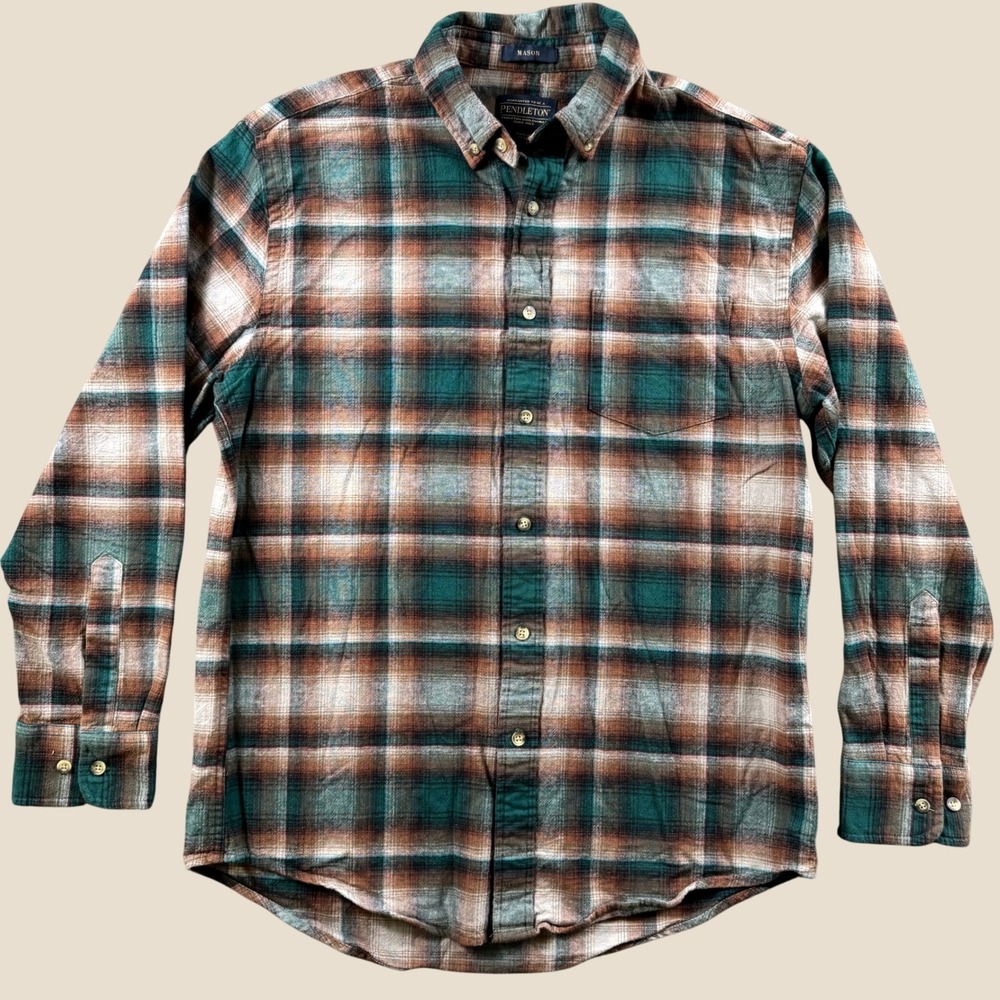 Pendleton Mason Flannel Shirt Men M Brown Green Plaid Button Cotton Top